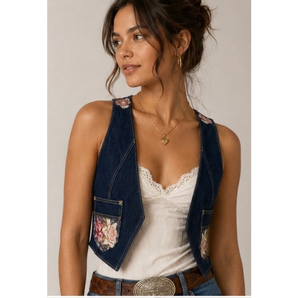 VTG Handmade Upcycled Denim Vest M Floral Cottagecore Western Boho Praire